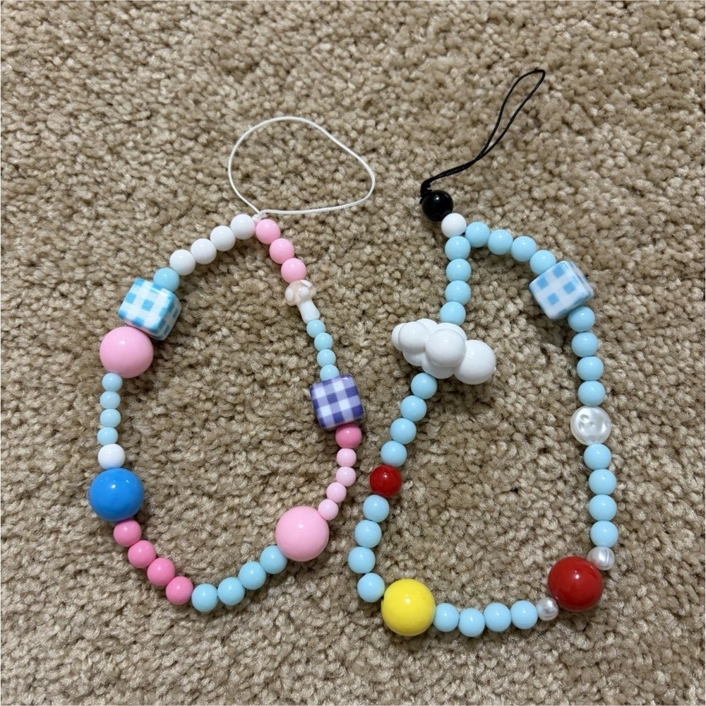 Multicolor Beaded Cartoon Cell Phone Strap Cloud Gingham Charms Universal