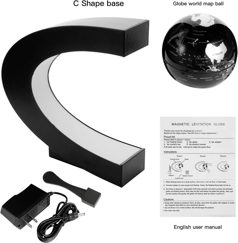 Gresus Magnetic Levitation Floating World Map Globe, C Shape Base with LED Light