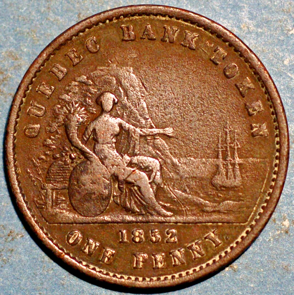 1852 Canada 1 Penny 2 Sous Quebec Bank Token Cornucopia Theme
