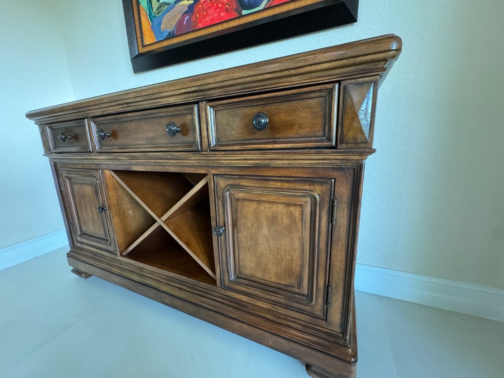 Antique Solid Wood Sideboard Buffet with Wine Rack & Granite Top