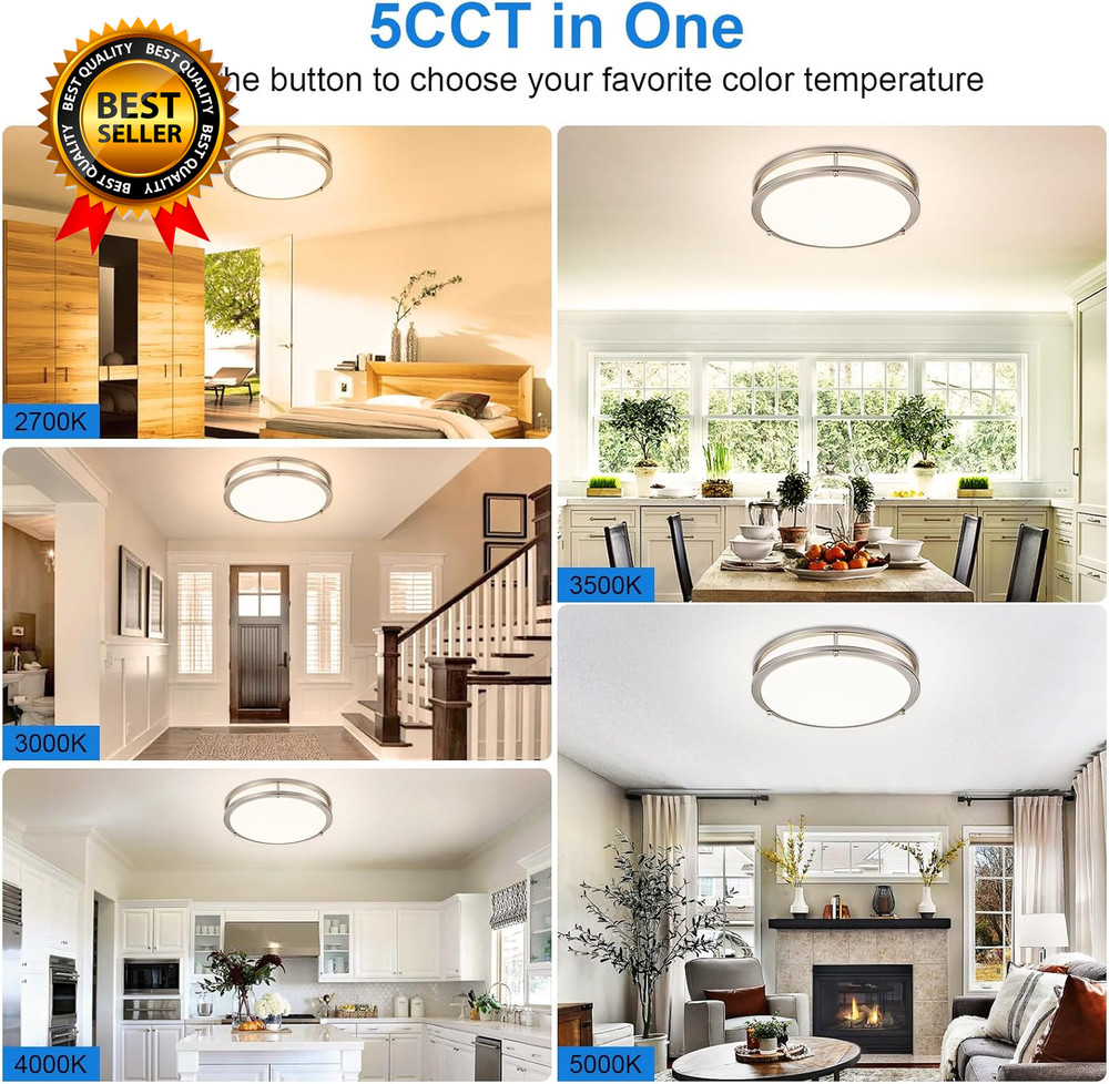 DLLT Flush Mount LED Ceiling Light: 13 Inch 5CCT (3000K-6000K) & Dimmable
