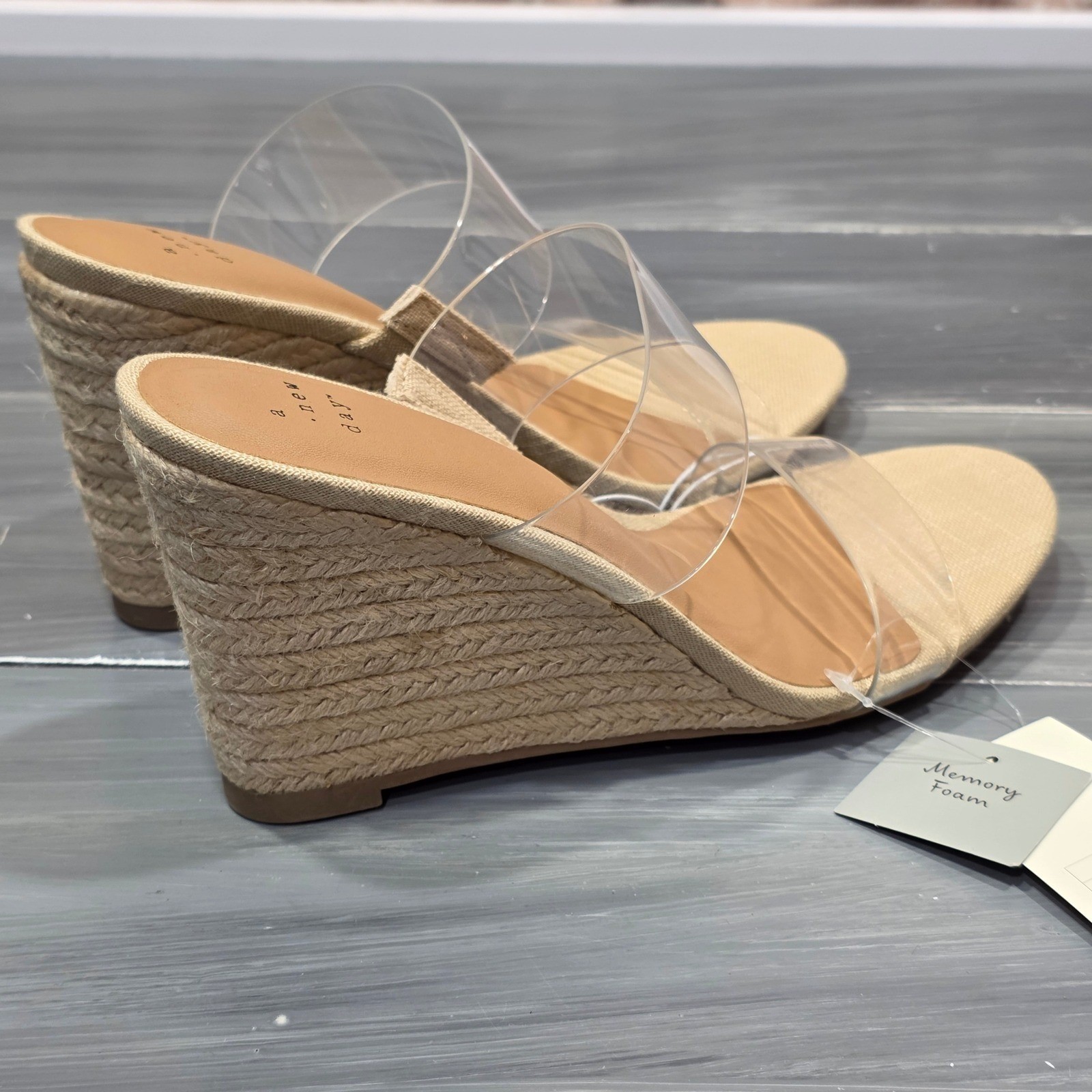 A New Day Ansel Espadrille Wedge Sandals Clear Double Strap Tan