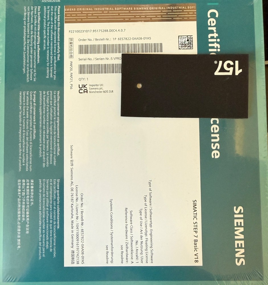 siemens TIA Portal v18 basic software key 6ES7822-0AA08-0YA5
