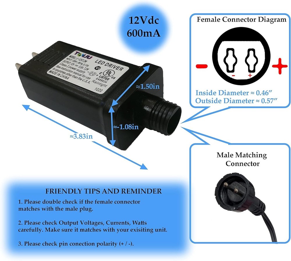 Compact 12Vdc Power Supply Adapter for Holiday Inflatable Decorations - 0.6A