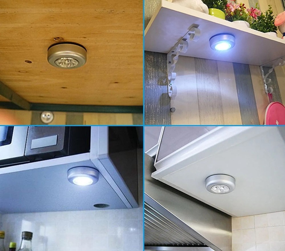 Battery Mini 3 LED Push On Off Light Utility Cabinet Closet Lighting Silver