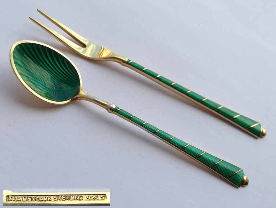 Set Spoon + Fork, Enamel, Egon Lauridsen, 925S Silver G426