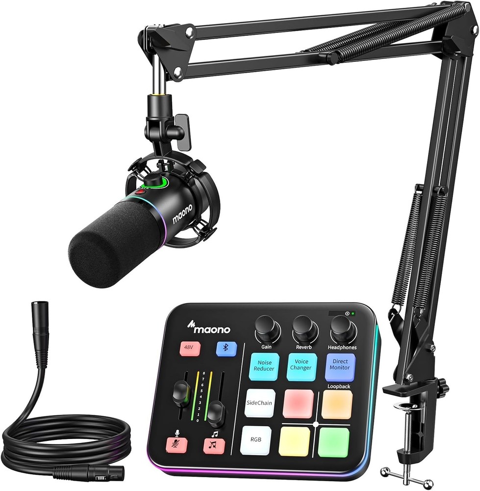 Gaming Streaming Equipment Bundle: Audio Interface Mixer and XLR Dynamic Mic RGB