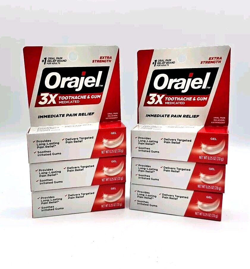 6 Pack Orajel 3x toothache & gum medicated Immediate Relief 0.25oz ea EXP 7/26