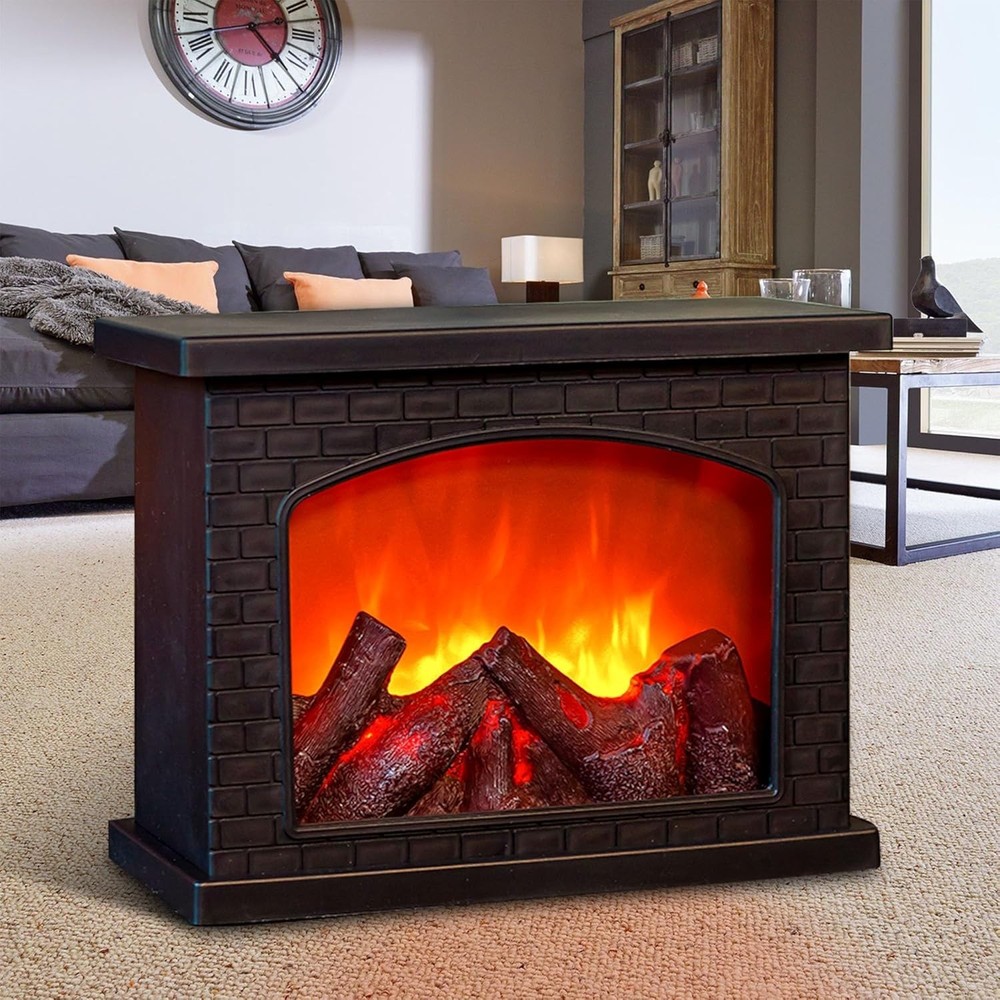 Chic Black Mini Fireplace with Realistic Flame Effect – Battery & USB Operated
