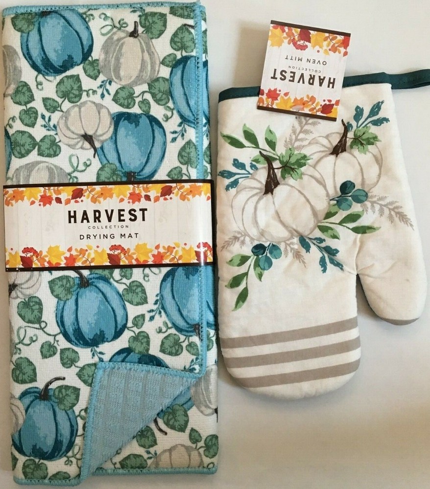 Harvest Fall Pumpkin 15" x 20" Polyester Dish Drying Mat & Oven Mitt Mainstream