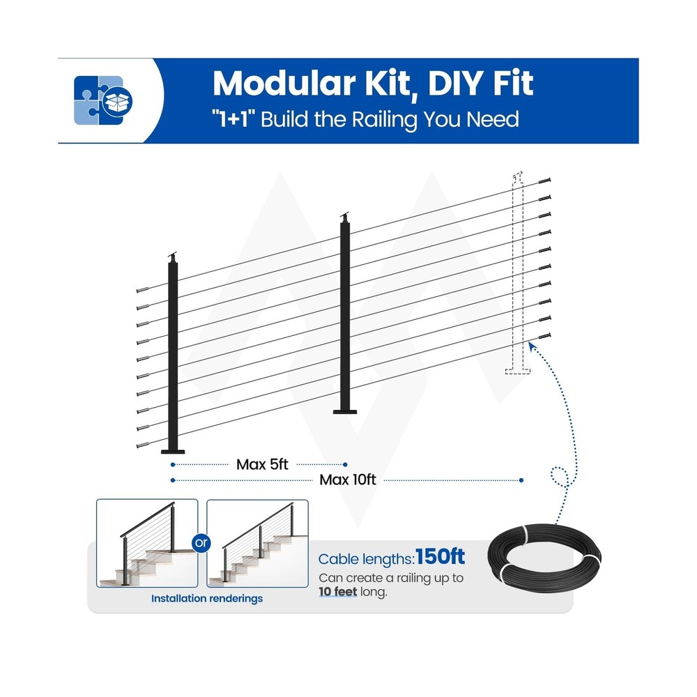 Muzata 5-10FT Modular Black Cable Railing Kit 36 Inch 2 Stair Post Kit Comple...