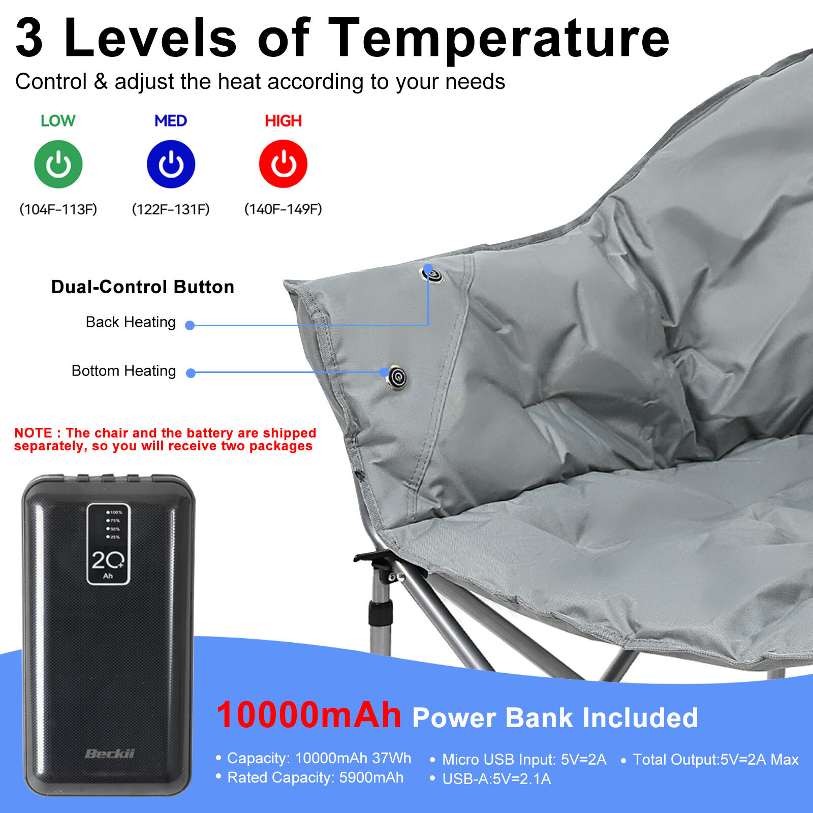 NAIZEA Heated Camping Chair With 2*10000mAh Power Bank Oversized Folding Chair
