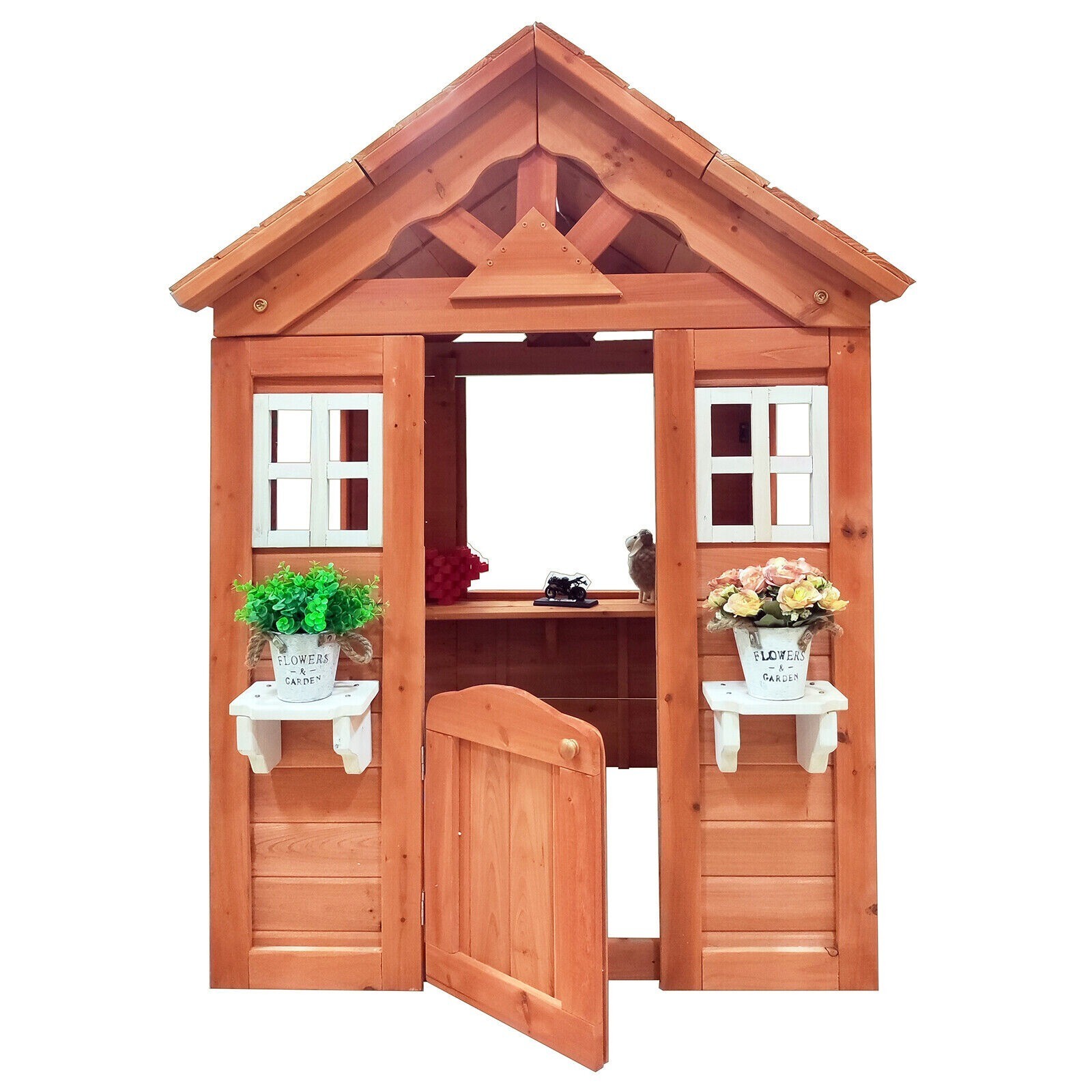 Wooden Playhouse for Kids Backyard Outdoor Cottage with Flowerpot Holder Window