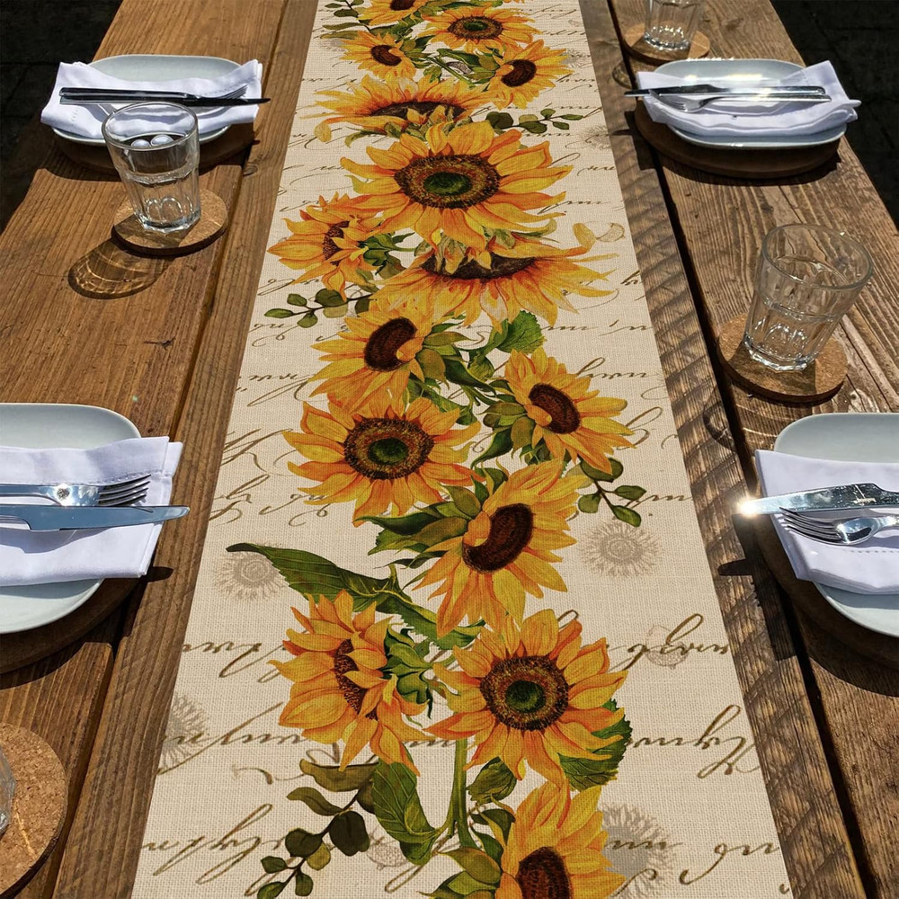 Fall Sunflowers Table Runner, Vintage Spring Summer Flower Home Kitchen Dining D
