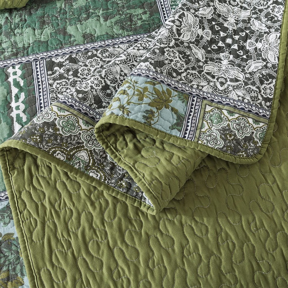 NEWLAKE Cotton Bedspread Quilt Sets-Reversible Patchwork Coverlet Set, Green ...
