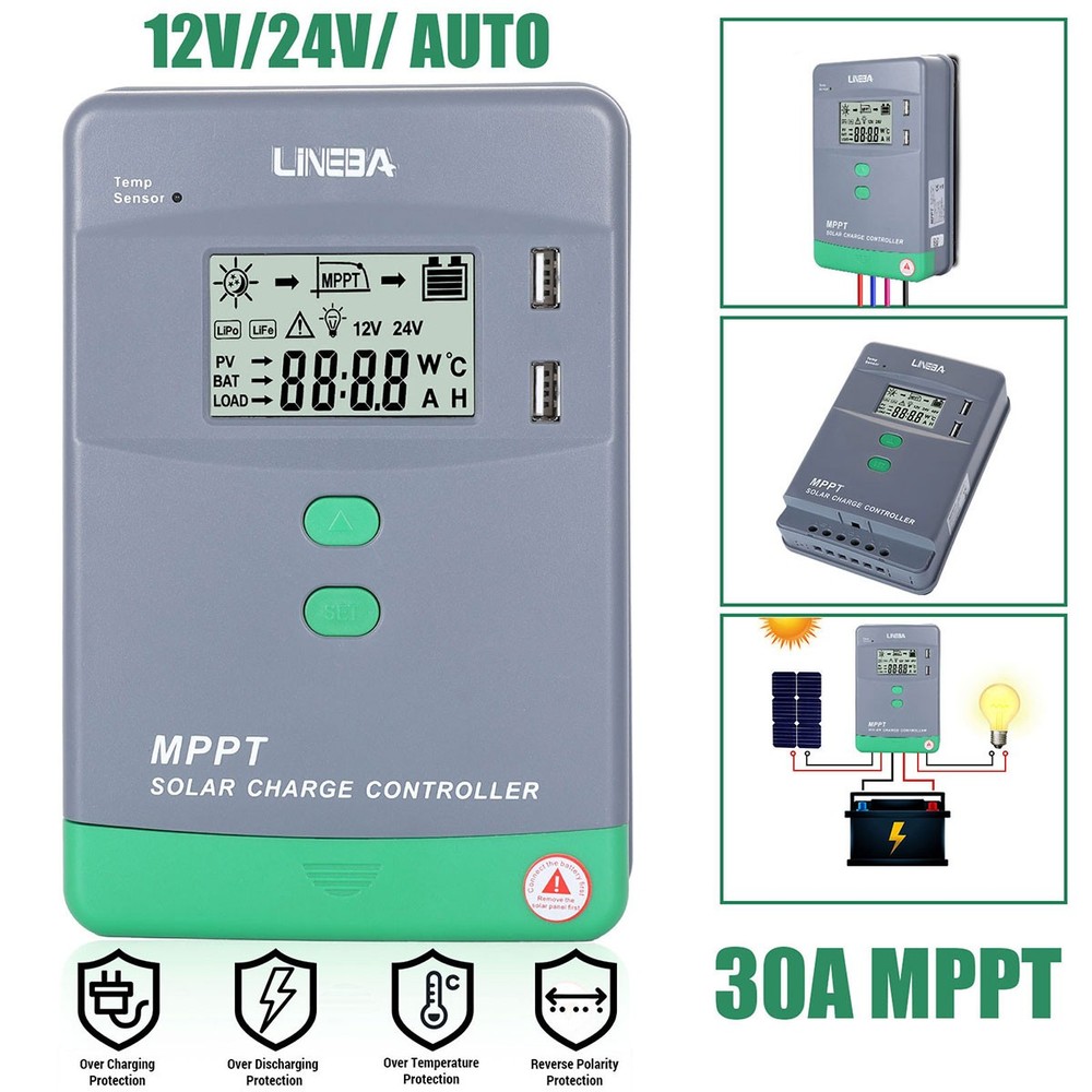 30A MPPT Solar Panel Charge Controller 12V/24V Auto LCD Display Battery Regulato