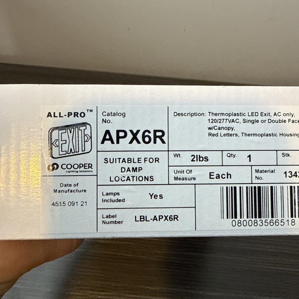 All-Pro Thermoplastic Self Powered Emergency Exit Sign APX6R
