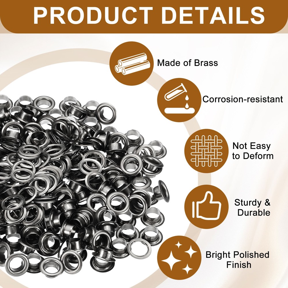 200 Sets Grommets Eyelets, 5mm Brass Self Backing Eyelets, Black