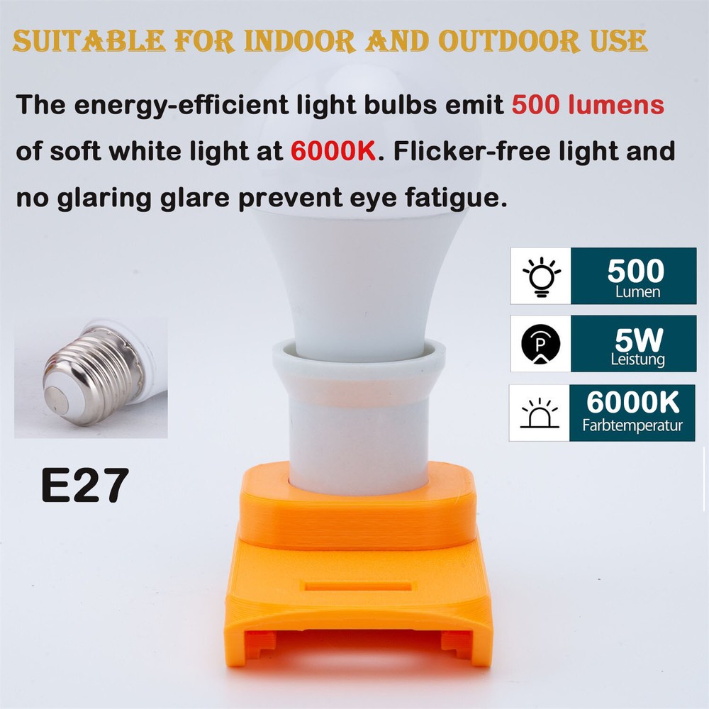 LED Work Light Portable E27 Bulb Lamp For Dewalt 20V Lithium-ion Battery Powered