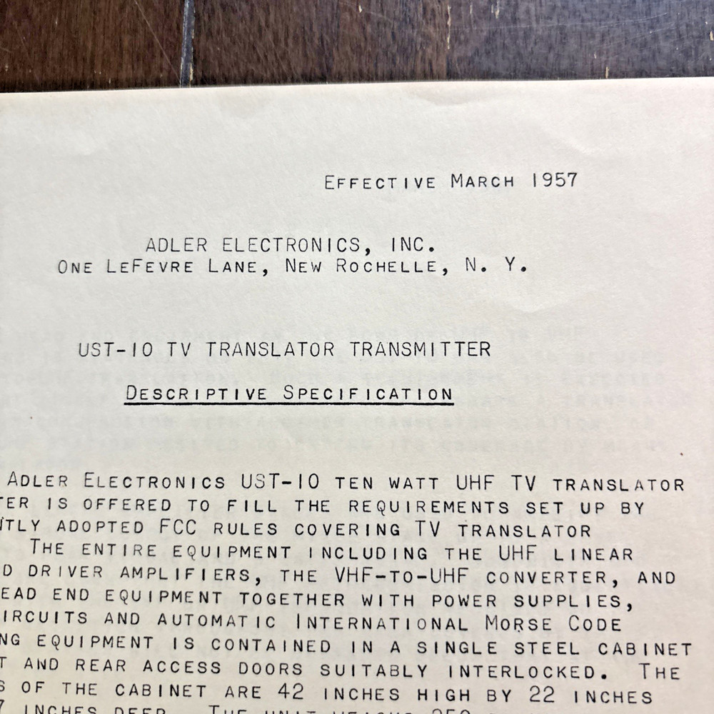 1957 Adler Electronics UST-10 Translator Transmitter Descriptive Paperwork 6 Pg