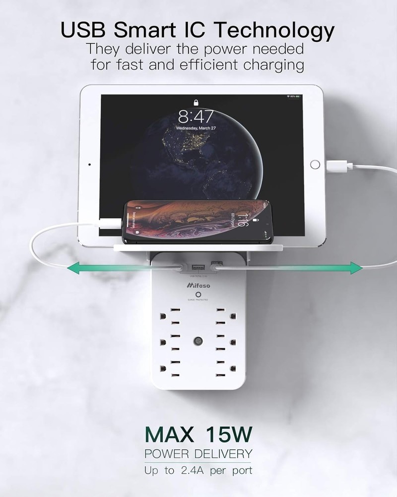 Wall Outlet Extender with Surge Protector, 6 AC Outlets, Shelf, 2 USB & USB C...
