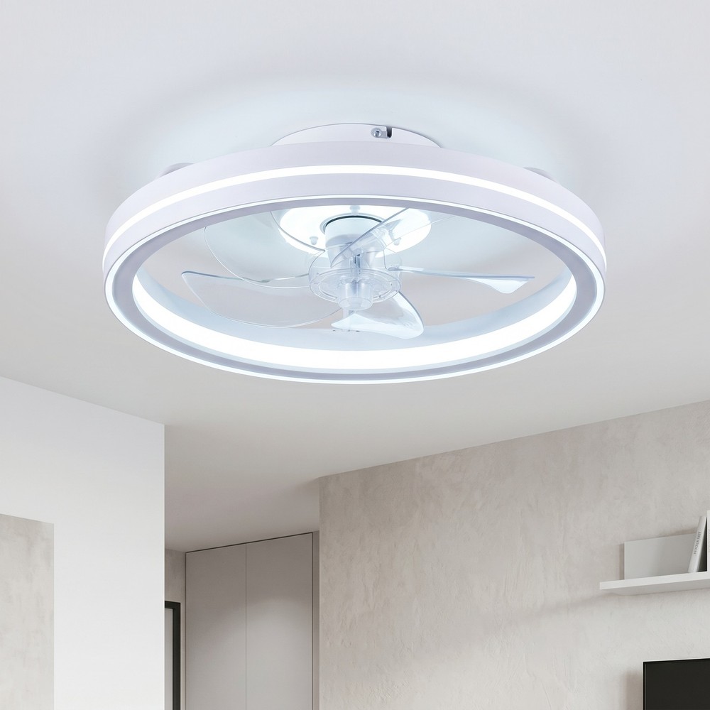Flush Mount Ceiling Fan 19 inch Smart RGB Light Remote APP Control Kit White