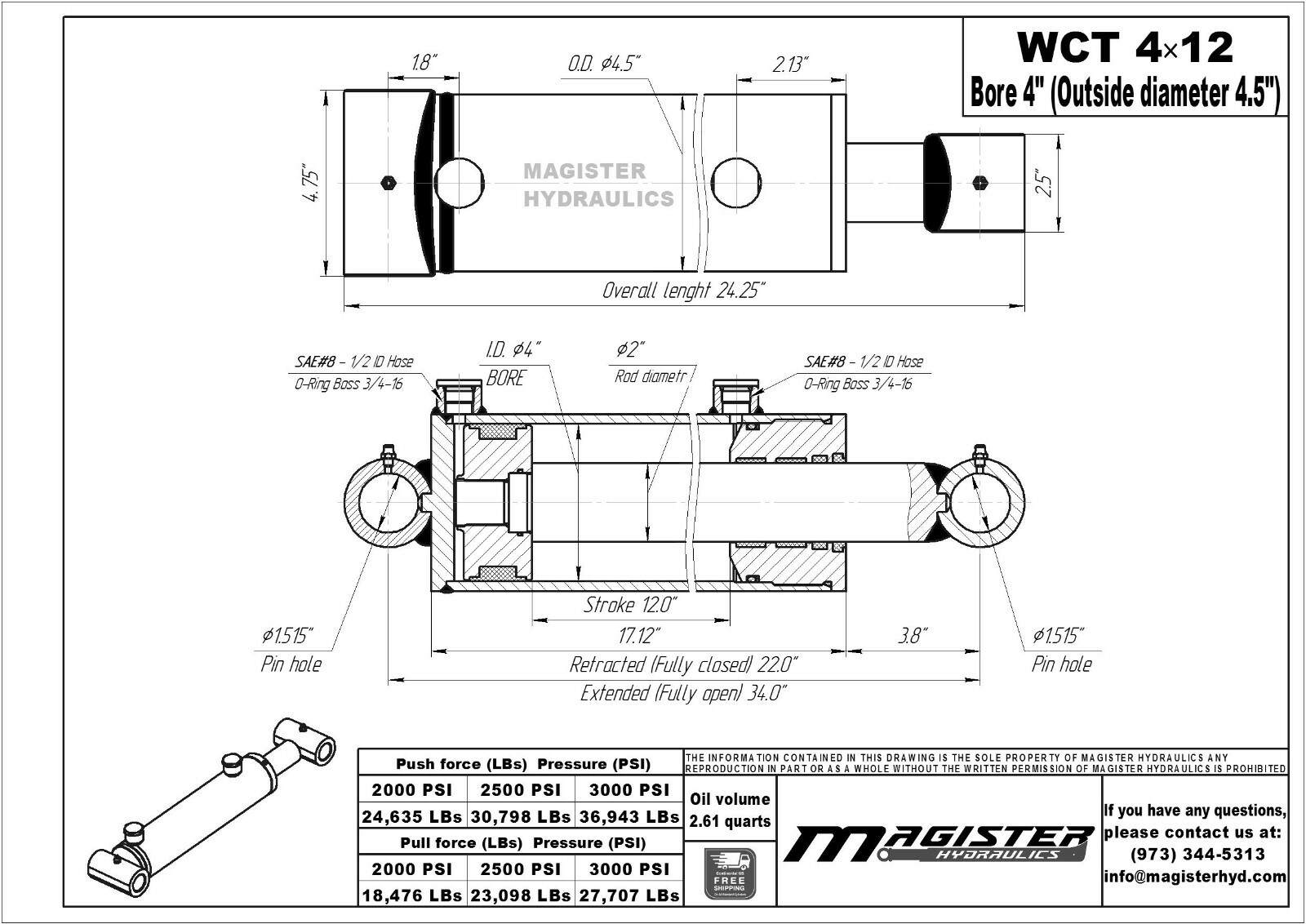 Hydraulic Cylinder Welded Double Acting 4" Bore 12" Stroke Cross Tube 4x12 NEW