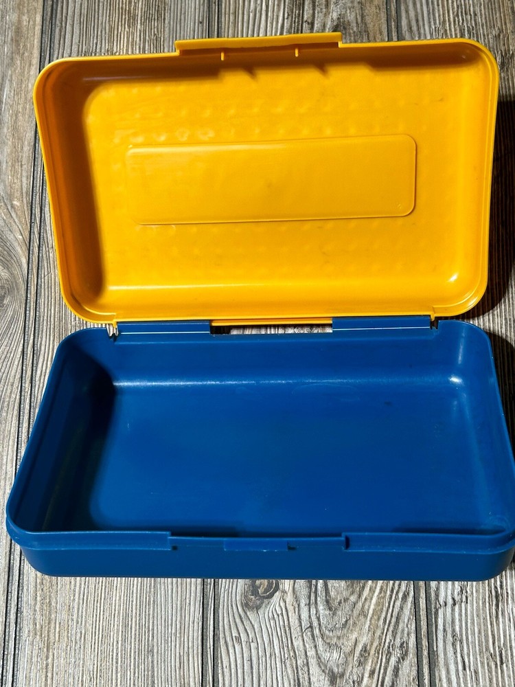 Vintage 90's Spacemaker Plastic Pencil Pen Storage Box Yellow Top & Blue Bottom