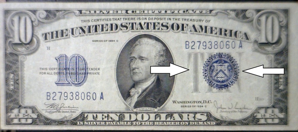 1934c ERROR 3rd Print Shift $10 SILVER CERTIFICATE VF + Note Currency  NR