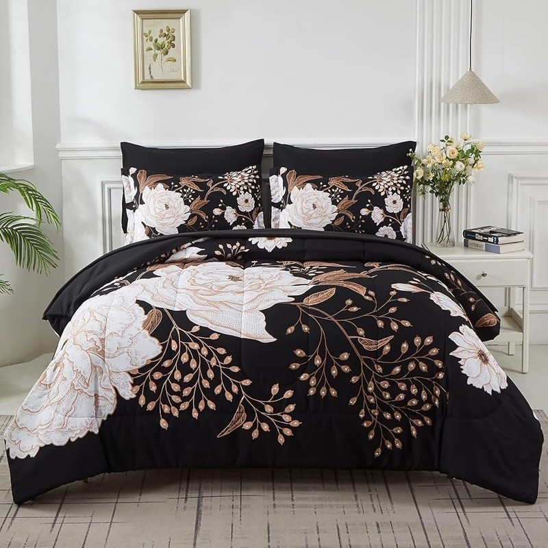 7 Piece Queen Bed in a Bag Microfiber Comforter Set Floral Pattern Bedding New