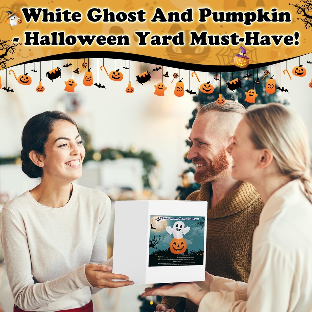 TRMESIA 4FT Halloween Inflatable Decor White Ghost Pumpkin with LED