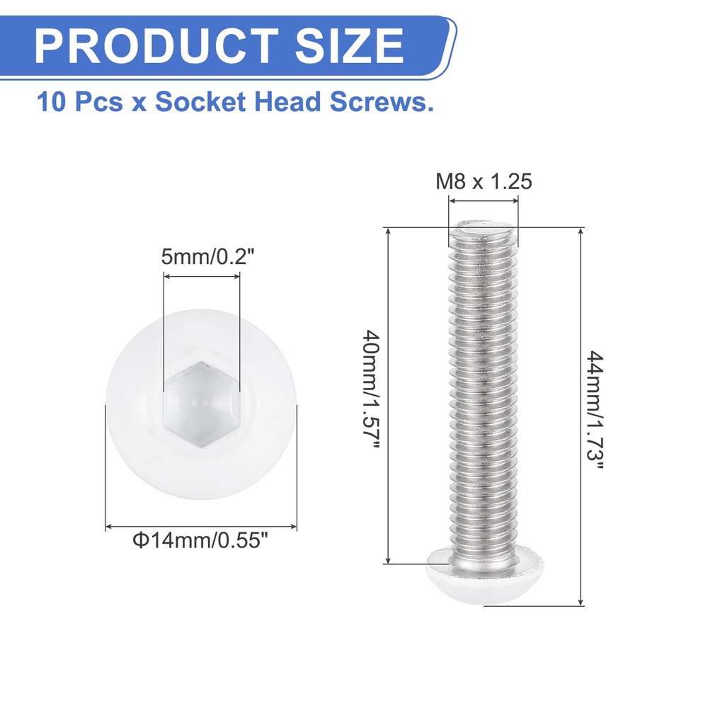 10 Pcs M8-1.25 x 40mm Button Head Socket Cap Screw Machine Screw, White