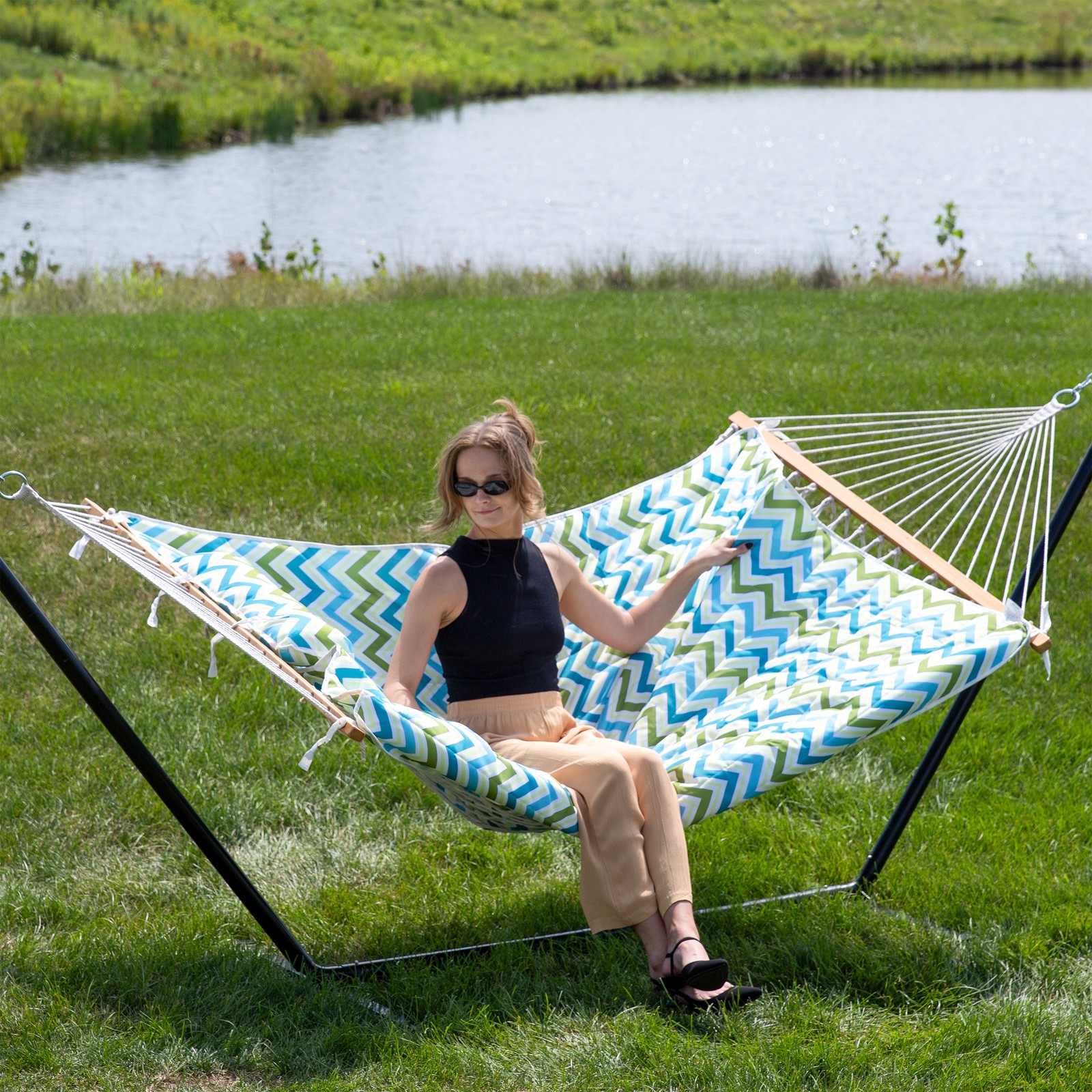 Large Rope Hammock with Steel Stand and Pad/Pillow - Blue/Green by Sunnydaze