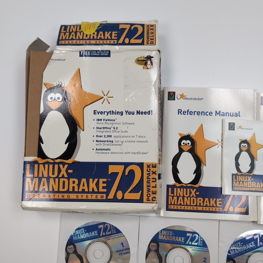 Linux Mandrake 7.2 Deluxe 2001 Operating System Software Big Box 7 CD'S Manuals