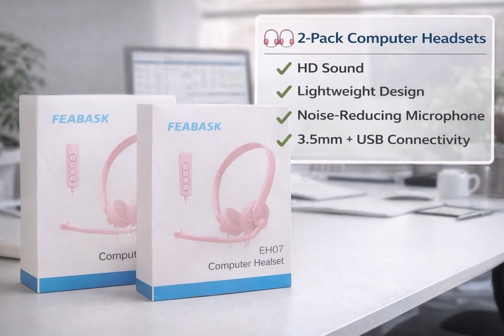 FEABASK EH07 Computer Headset Pink 2 Pack 3.5mm USB Mic Lightweight
