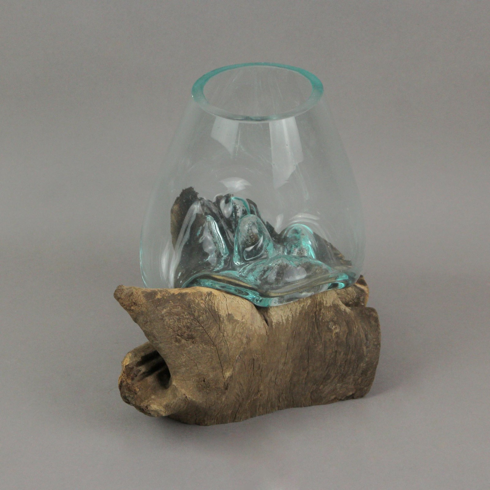 Melted Glass On Teak Driftwood Decorative Bowl Vase Terrarium Planter 6 Inches