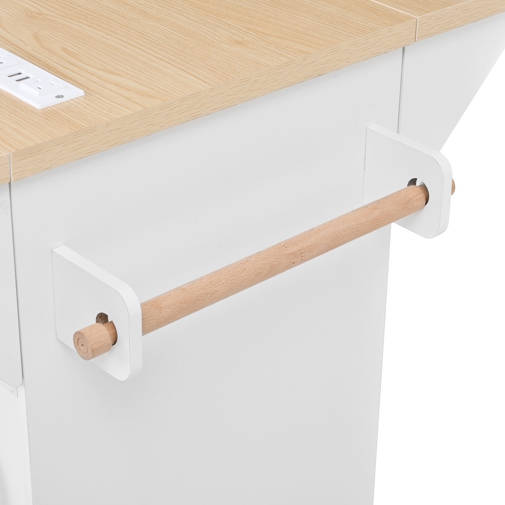 Kitchen Island w/ Power Outlet Wheels, Extendable Dining Table Storage White