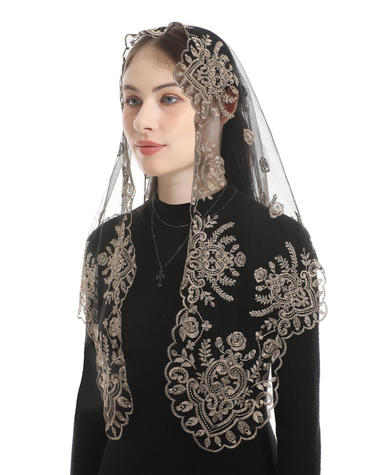 Mantilla Veils for Church Catholic, Triangle Black Gold Sacred Heart of Mary ...
