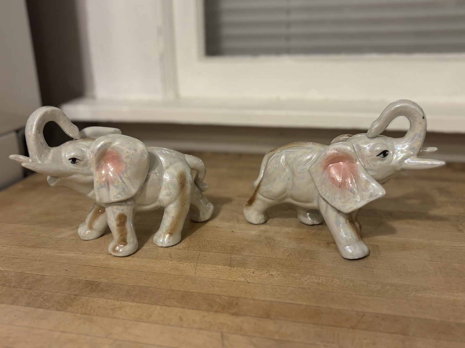 Vtg Lustreware Elephant Figurine 1950's Trunk Up LusterWare Gray & Pink MCM set