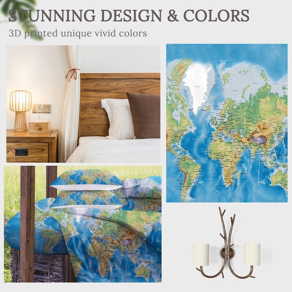Sleepwish World Map Comforter Twin Size Bedding Set 4 Pieces Blue Map Bed Set...