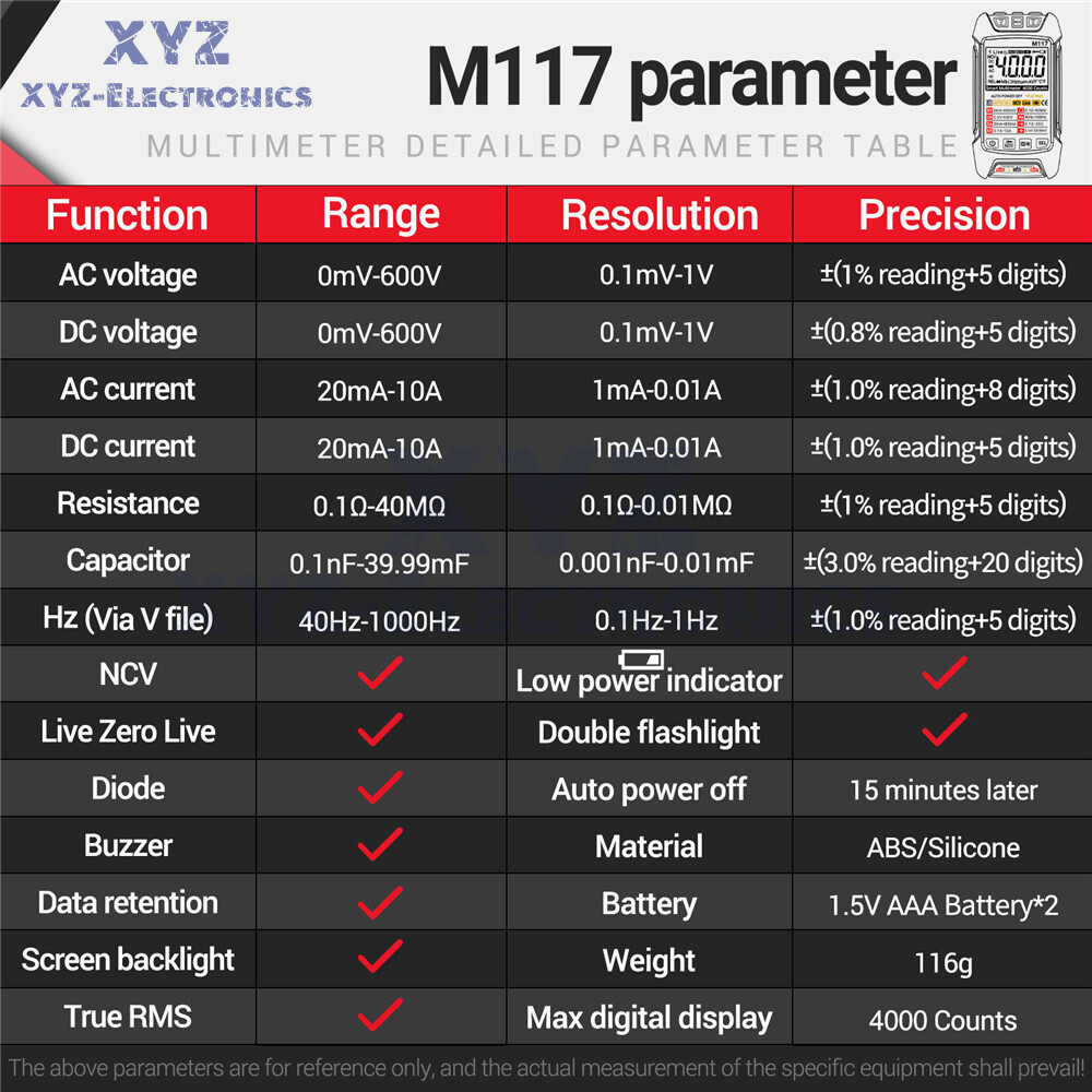 ANENG M117 Digital Multimeter NCV AC/DC Voltmeter Current 4000 Count True RMS