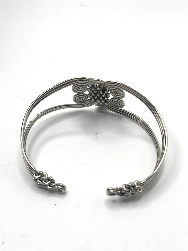 Boho Silver Tone Wire Wrapped Cuff Bracelet Artisan Scroll Modernist Statement