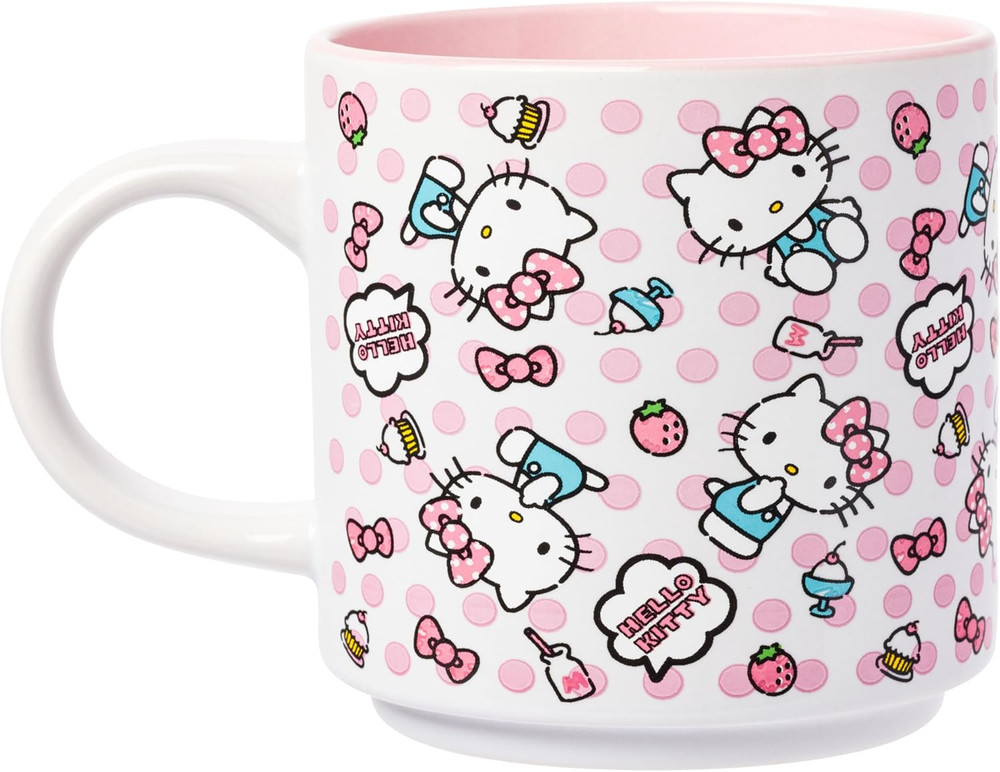 Hello Kitty Polka Dot Food Scribble Single Stackable Ceramic Mug, 13 Ounces