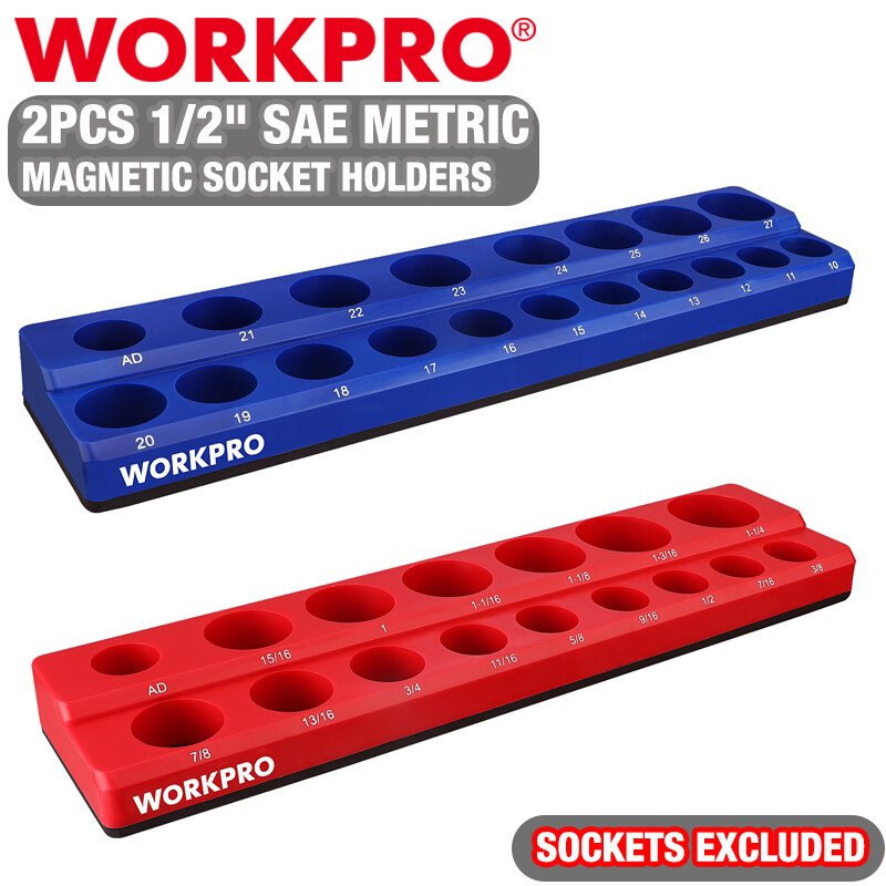 WORKPRO 2PC 1/2" Magnetic SAE Metric Socket Organizer Set Socket Holder Cart Set