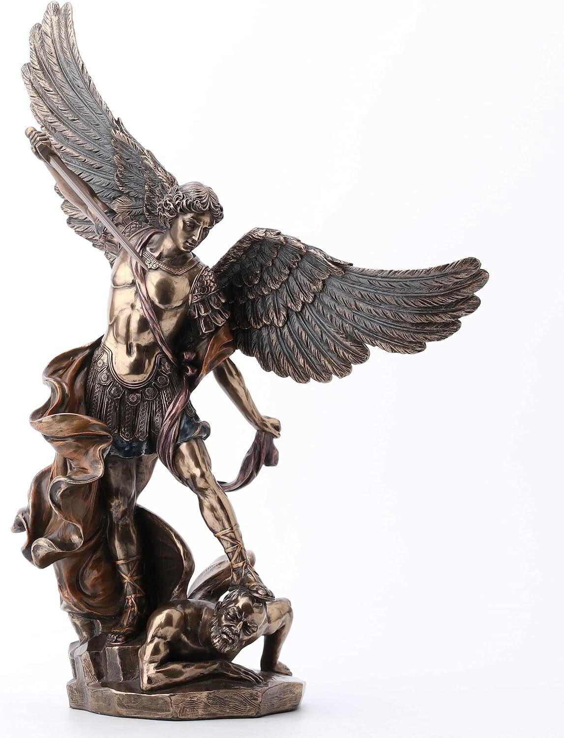 14 1/2" Saint Michael Archangel Standing on Demon Statue Antique Bronze Color