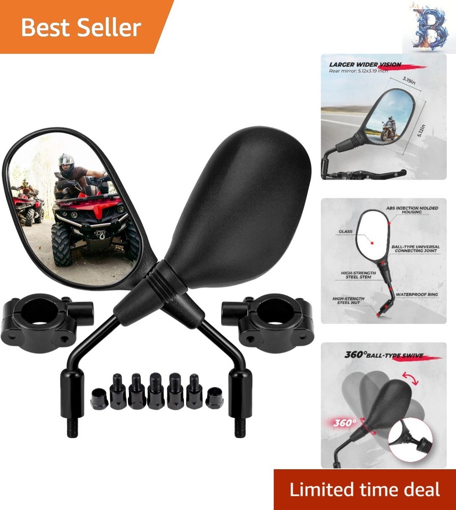 ATV & Motorcycle Mirrors - 360° Adjustable, Scratch Resistant, Black