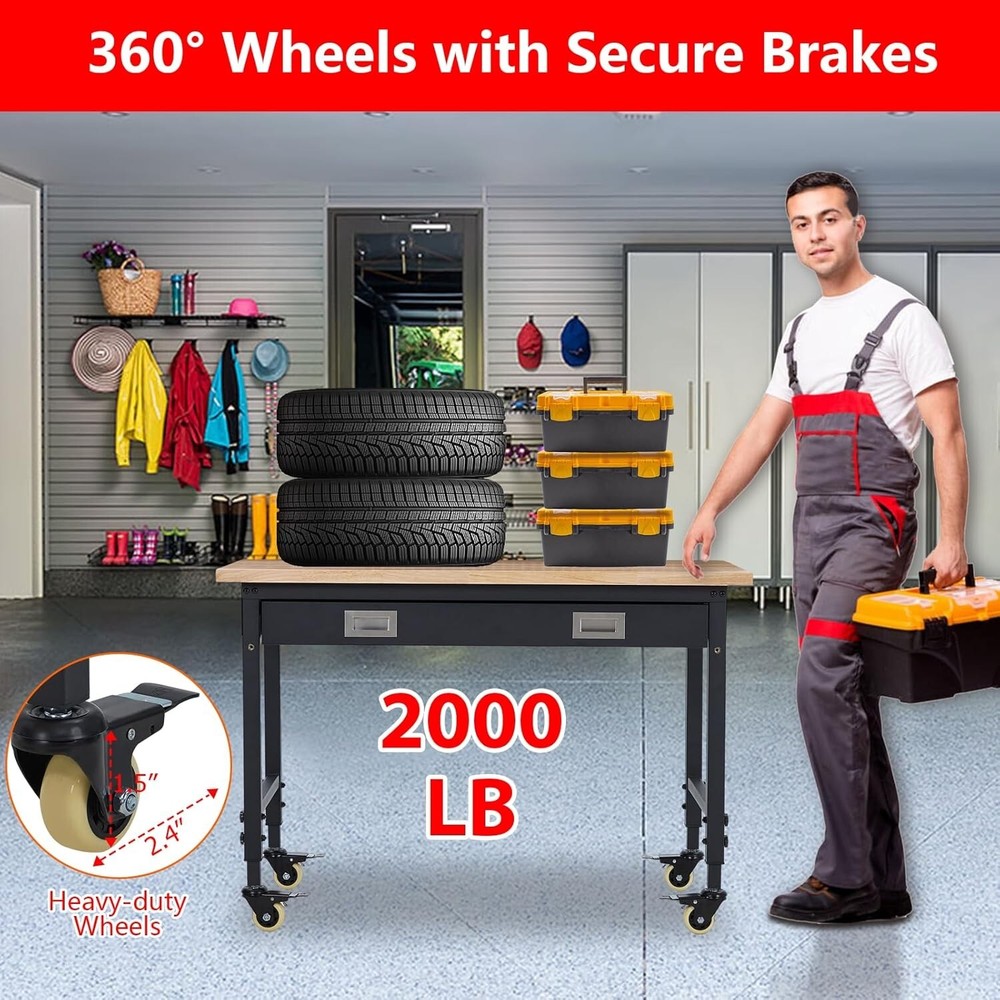 48" Adjustable Workbench with Drawer 4 Wheels for Garage Worktable 2000lbs