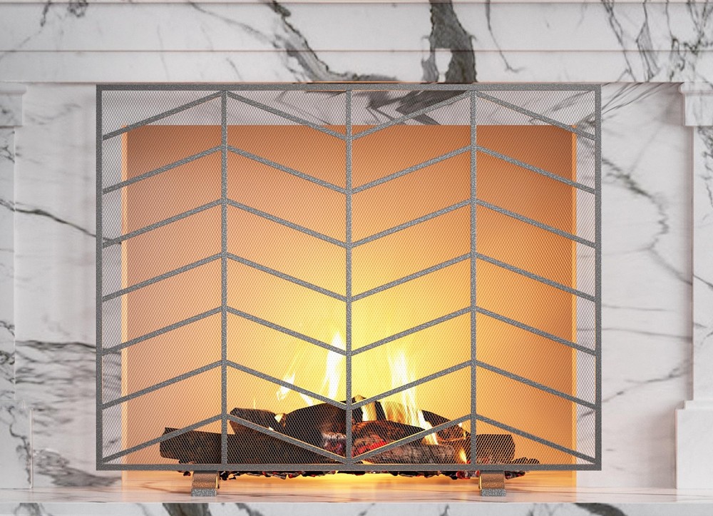 Single Panel Handcrafted Wrought Iron Mesh Chevron Fireplace Screen, Fire Spa...