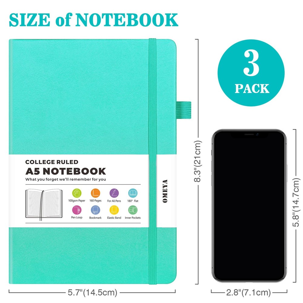 Lined Journal Notebook, 3 Pack A5 College Ruled Notebooks for Work, A5, Blue