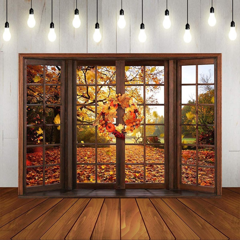 7x5ft Fall Backdrop Window Maple Leaves Fall Forest Photography Backdrop Autu...